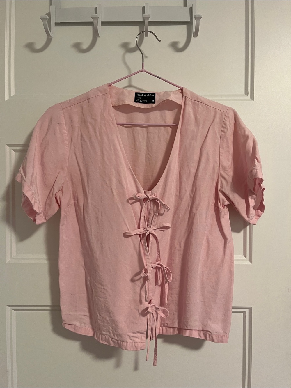 Frank & Oak Light Pink Tie-Front V-Neck Blouse